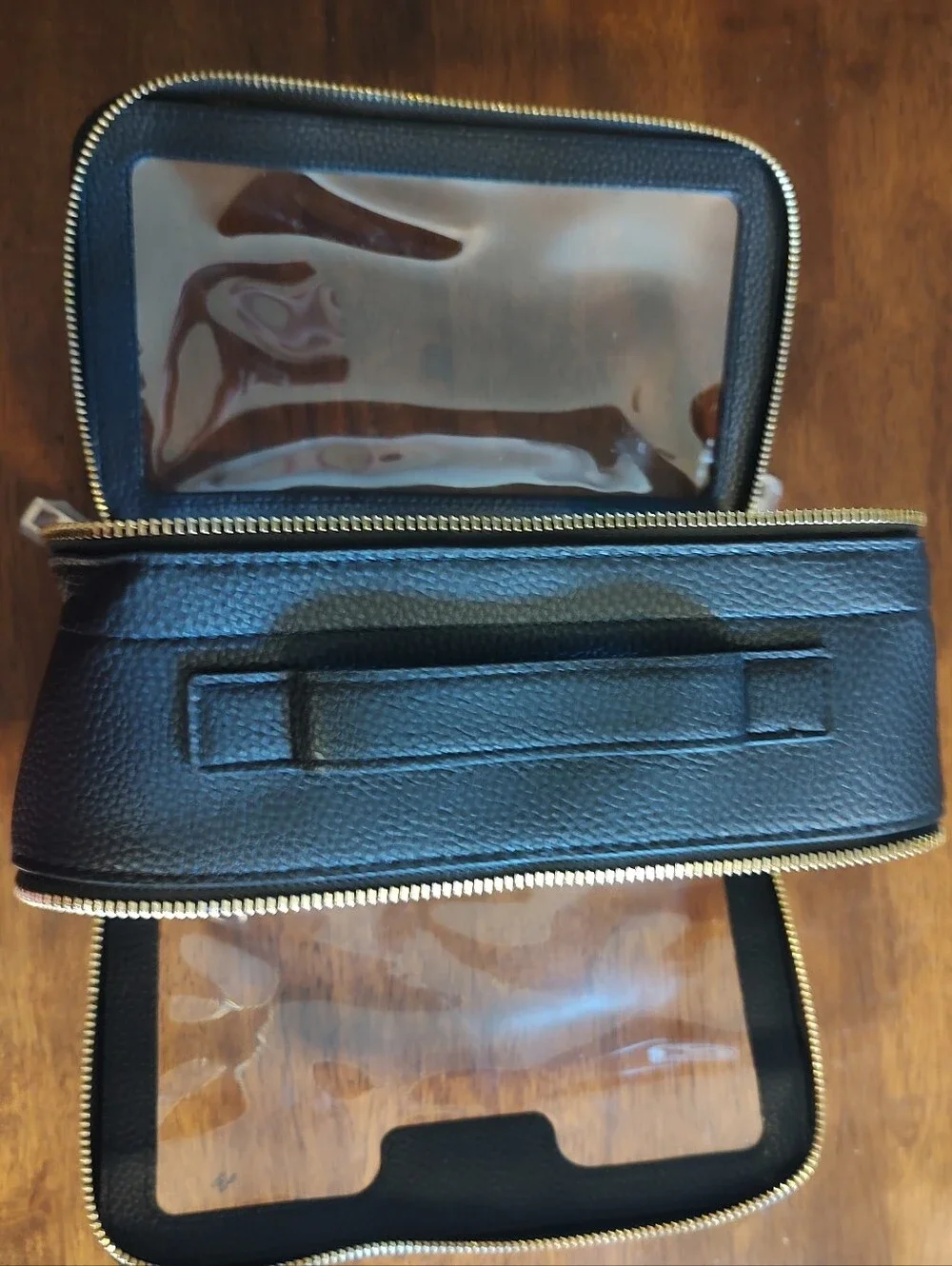 BELLAMI Black Toiletry Case with Clear Top and Gold Accents